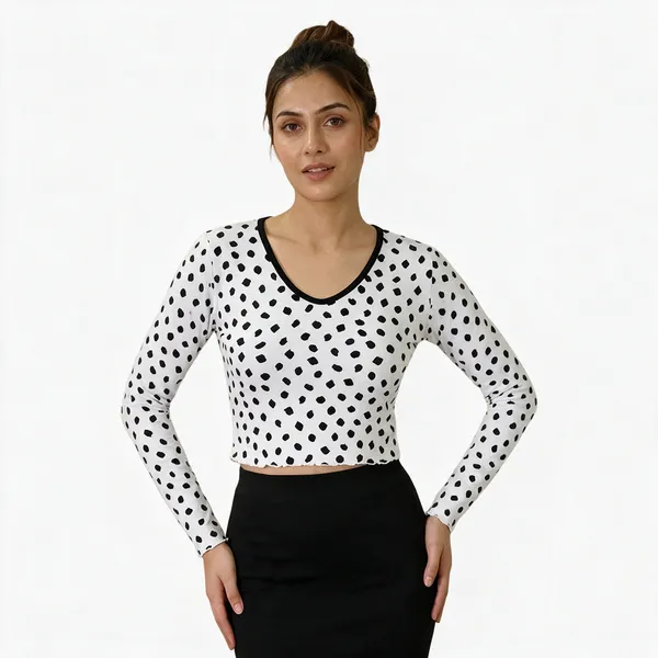 Women_S_Printed_Full_Sleeve_Crop_Top_Polka_Dot_Cartoon_Print_V_Neck_Slim_Fit_Casual_Western_Top