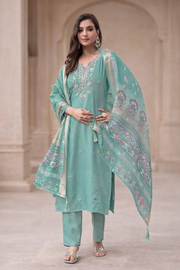 Teal_Roman_Straight_Embroidered_Kurta_With_Pant_And_Dupatta_For_Women