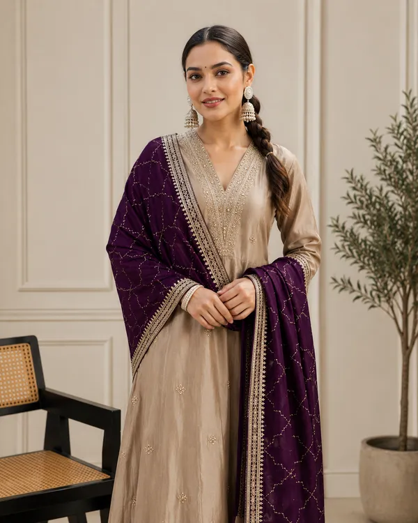 Beige_Vichitra_Straight_Kurta_With_Pant_And_Dupatta_Set_For_Women