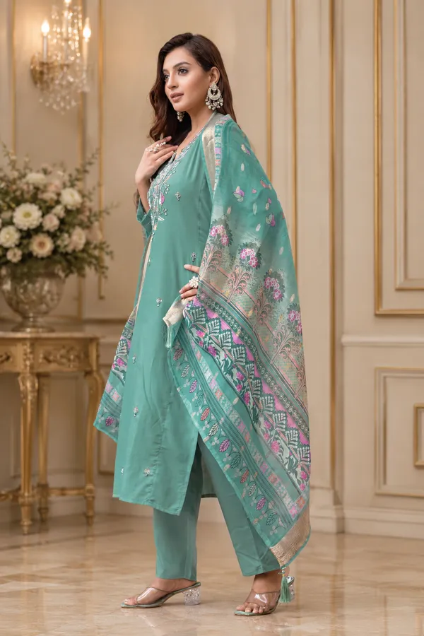 Teal_Roman_Straight_Embroidered_Kurta_With_Pant_And_Dupatta_For_Women