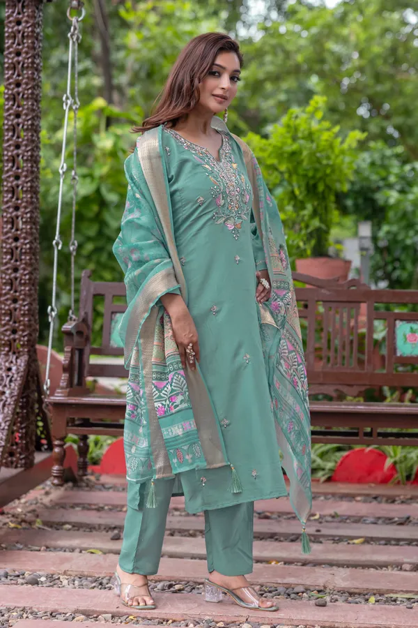 Teal_Roman_Straight_Embroidered_Kurta_With_Pant_And_Dupatta_For_Women