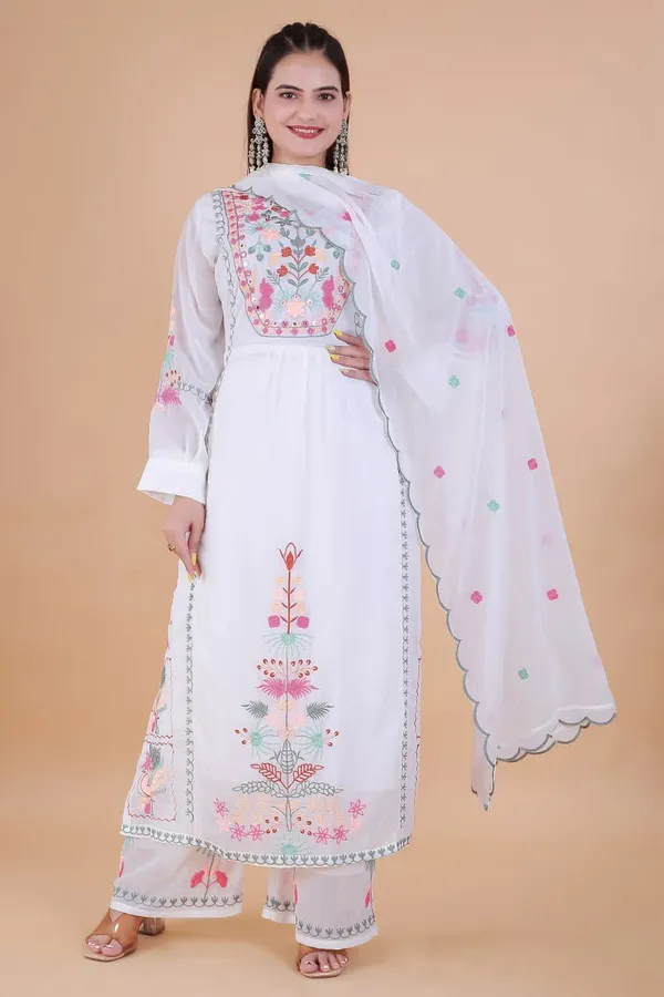 White_Georgette_Straight_Embroidered_Kurta_With_Pant_And_Dupatta_For_Women