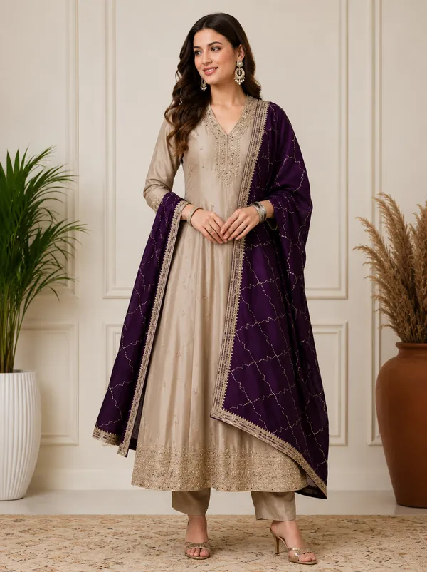 Beige_Vichitra_Straight_Kurta_With_Pant_And_Dupatta_Set_For_Women