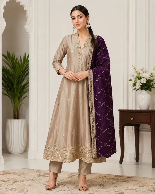 Beige_Vichitra_Straight_Kurta_With_Pant_And_Dupatta_Set_For_Women