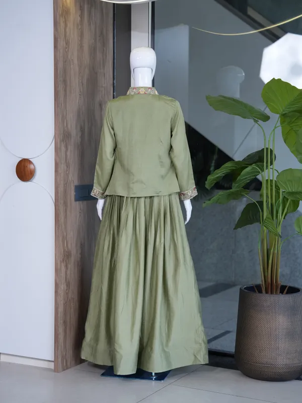 Olive_Green_Zuzu_Silk_Flared_Embroidered_Jacket_Lehenga_Set_For_Women