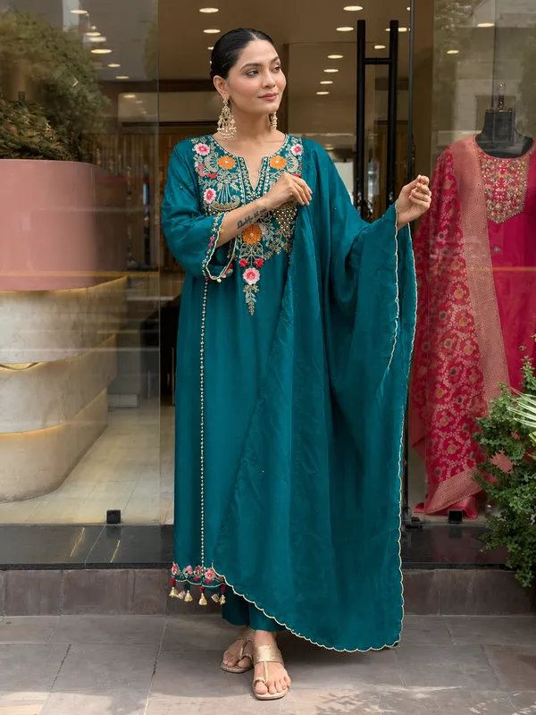 Teal_Roman_Silk_Straight_Embroidered_Kurta_With_Pant_And_Dupatta_For_Women