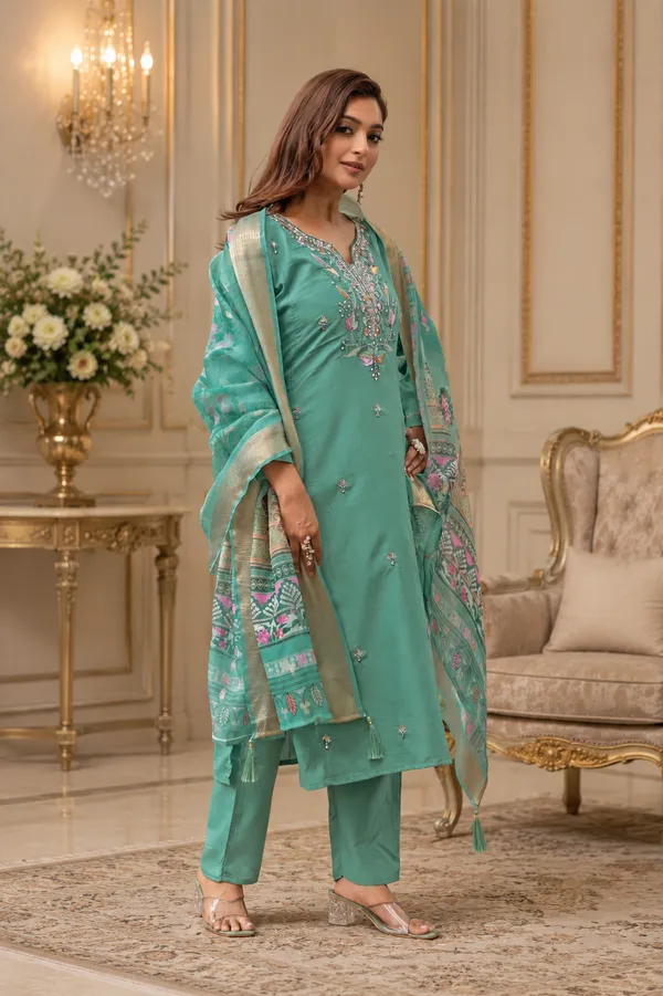 Teal_Roman_Straight_Embroidered_Kurta_With_Pant_And_Dupatta_For_Women