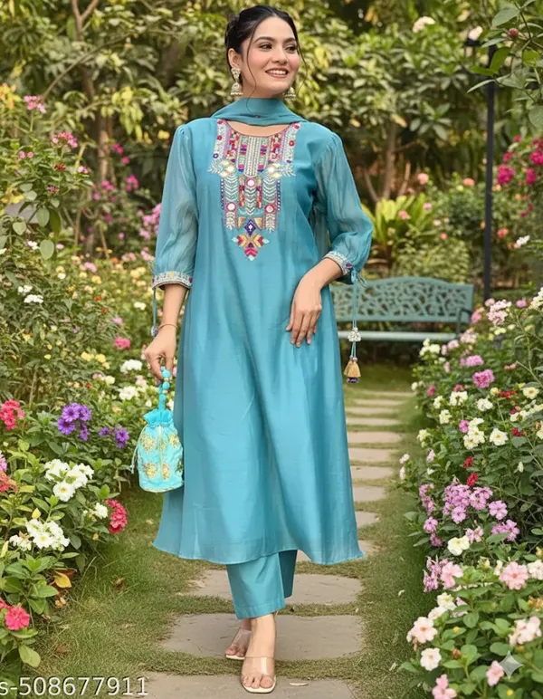 Teal_Embroidered_Kurta_Set_For_Women
