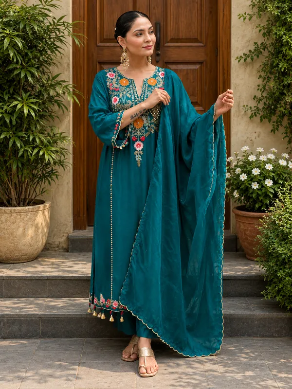 Teal_Roman_Silk_Straight_Embroidered_Kurta_With_Pant_And_Dupatta_For_Women