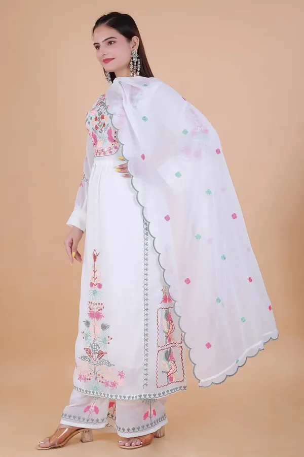 White_Georgette_Straight_Embroidered_Kurta_With_Pant_And_Dupatta_For_Women