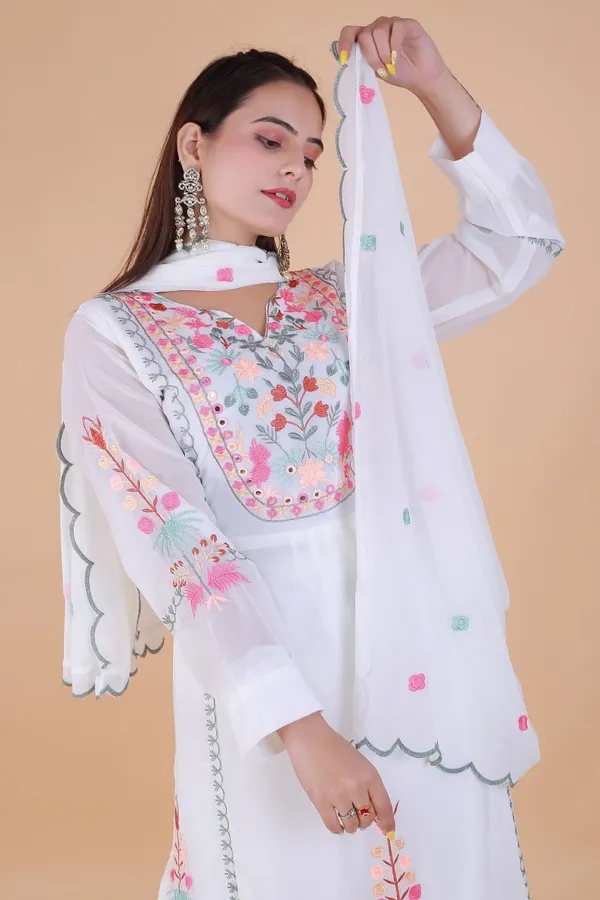 White_Georgette_Straight_Embroidered_Kurta_With_Pant_And_Dupatta_For_Women