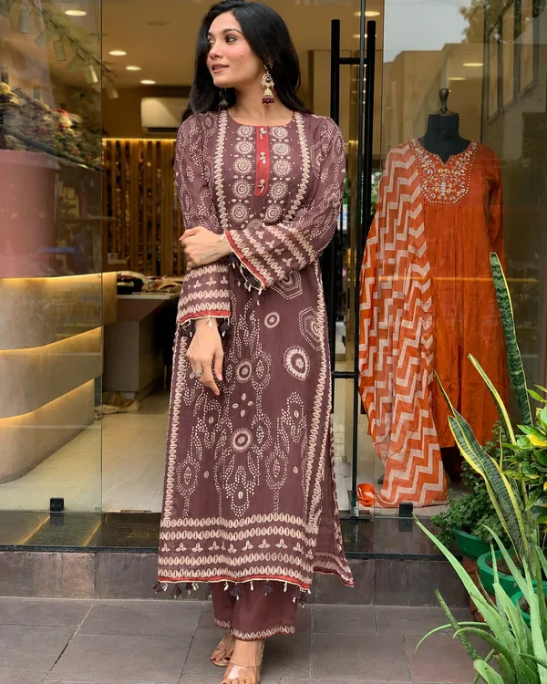 Brown_Semone_Straight_Printed_Kurta_With_Pant_And_Dupatta_For_Women