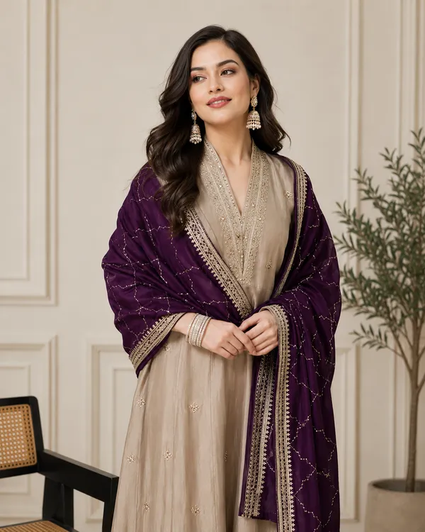 Beige_Vichitra_Straight_Kurta_With_Pant_And_Dupatta_Set_For_Women