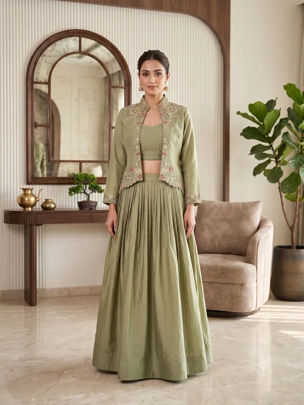 Olive_Green_Zuzu_Silk_Flared_Embroidered_Jacket_Lehenga_Set_For_Women