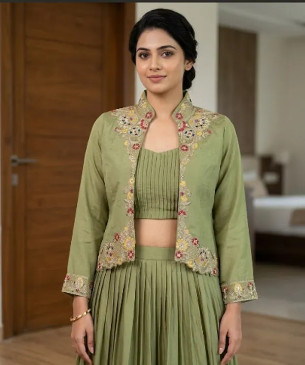 Olive_Green_Zuzu_Silk_Flared_Embroidered_Jacket_Lehenga_Set_For_Women