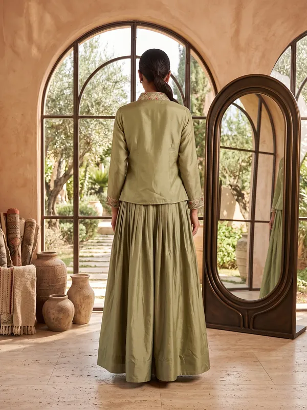 Olive_Green_Zuzu_Silk_Flared_Embroidered_Jacket_Lehenga_Set_For_Women