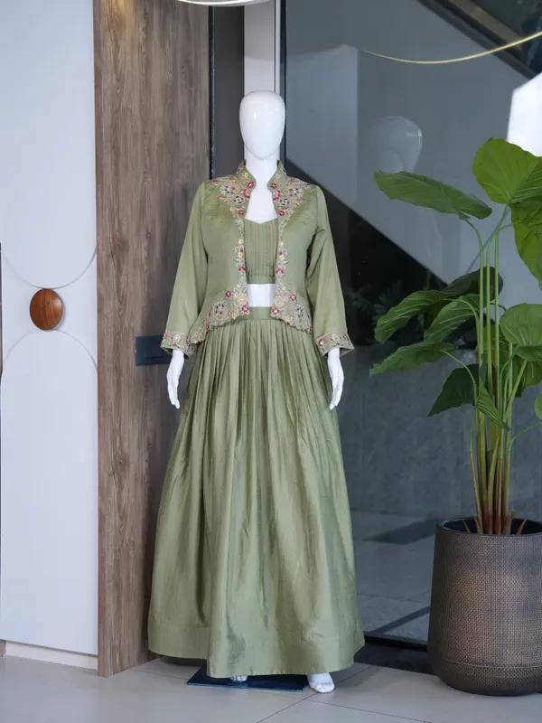 Olive_Green_Zuzu_Silk_Flared_Embroidered_Jacket_Lehenga_Set_For_Women