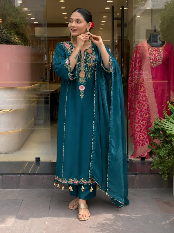 Teal_Roman_Silk_Straight_Embroidered_Kurta_With_Pant_And_Dupatta_For_Women