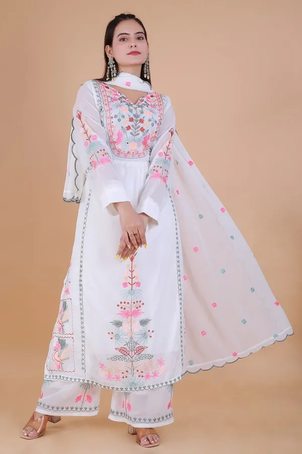 White_Georgette_Straight_Embroidered_Kurta_With_Pant_And_Dupatta_For_Women