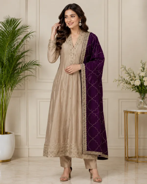 Beige_Vichitra_Straight_Kurta_With_Pant_And_Dupatta_Set_For_Women