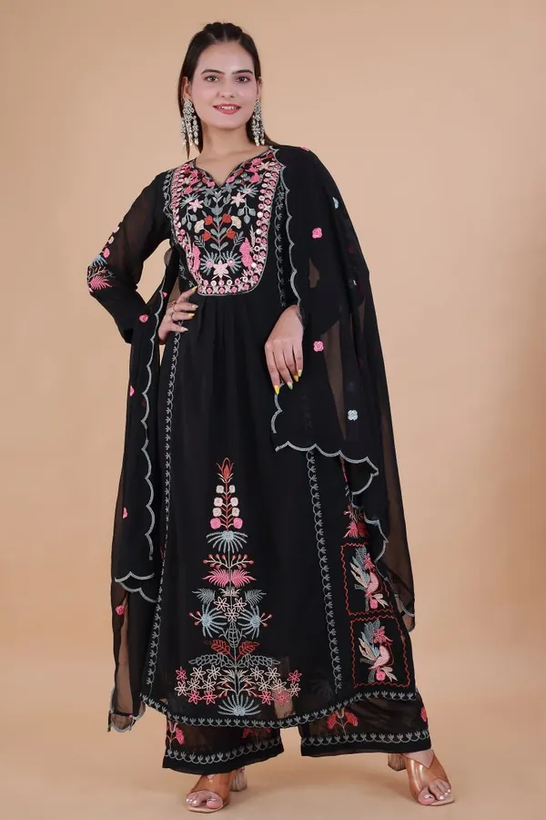 Black_Georgette_Anarkali_Embroidered_Kurta_With_Pant_And_Dupatta_For_Women