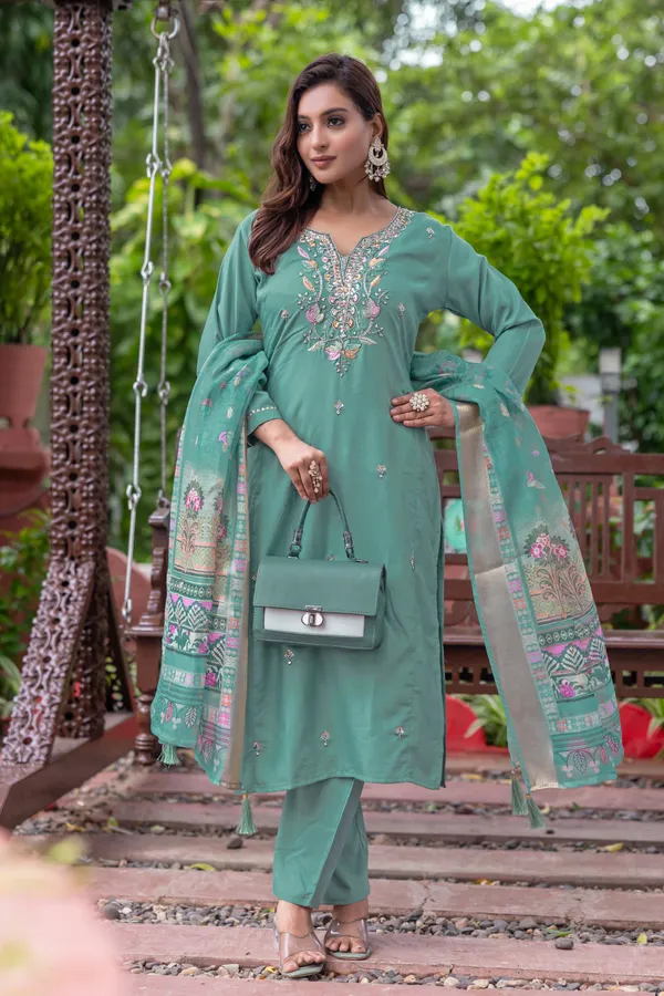 Teal_Roman_Straight_Embroidered_Kurta_With_Pant_And_Dupatta_For_Women