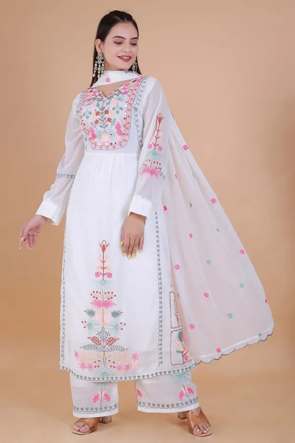 White_Georgette_Straight_Embroidered_Kurta_With_Pant_And_Dupatta_For_Women