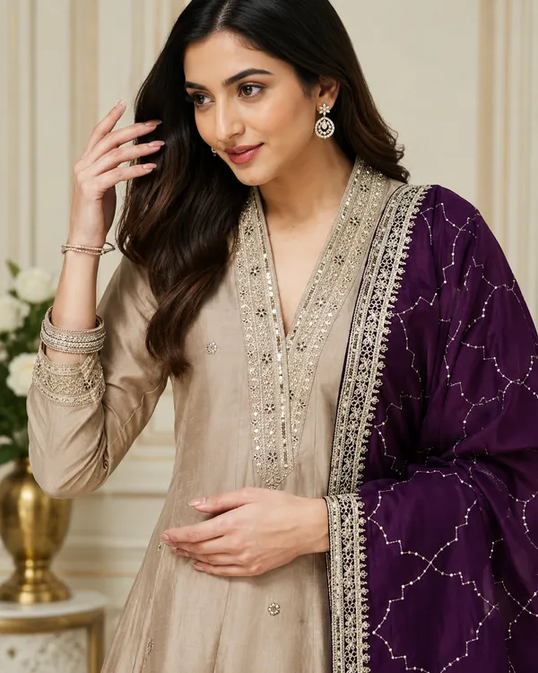 Beige_Vichitra_Straight_Kurta_With_Pant_And_Dupatta_Set_For_Women