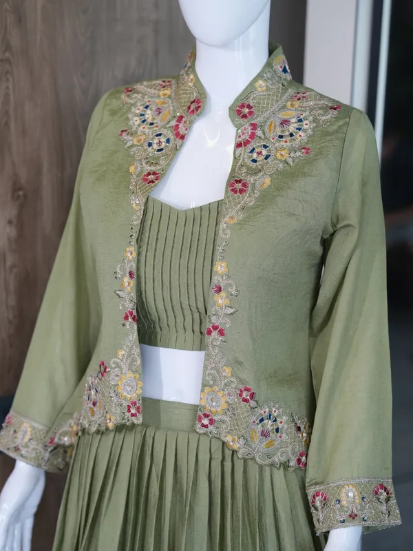 Olive_Green_Zuzu_Silk_Flared_Embroidered_Jacket_Lehenga_Set_For_Women