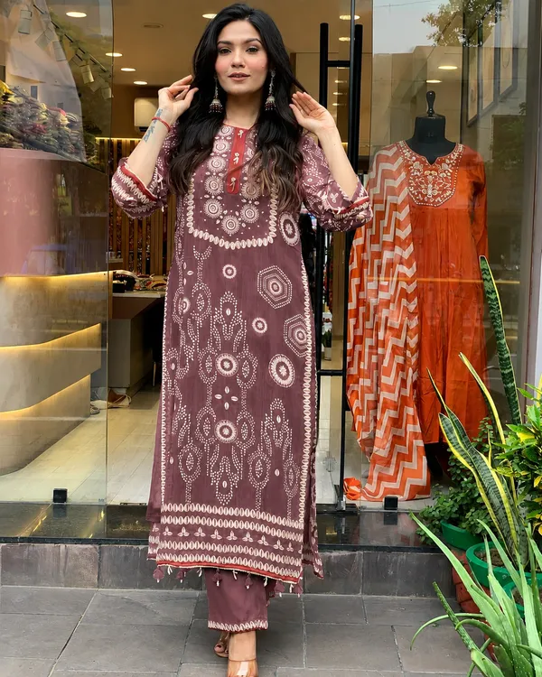 Brown_Semone_Straight_Printed_Kurta_With_Pant_And_Dupatta_For_Women
