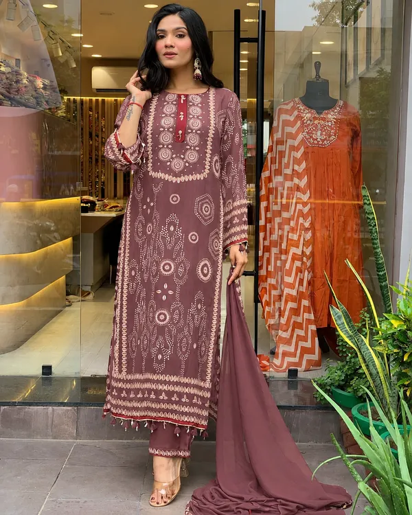 Brown_Semone_Straight_Printed_Kurta_With_Pant_And_Dupatta_For_Women