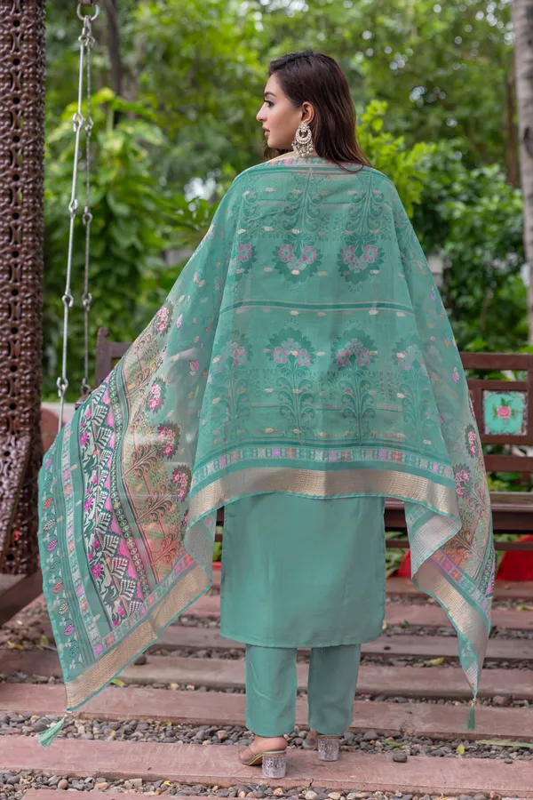 Teal_Roman_Straight_Embroidered_Kurta_With_Pant_And_Dupatta_For_Women