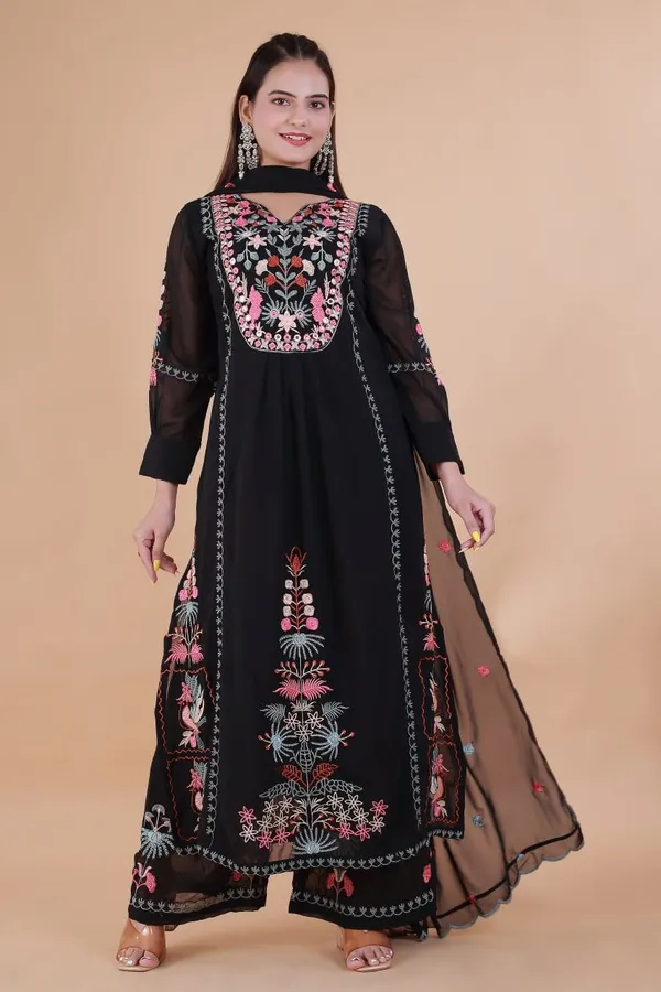 Black_Georgette_Anarkali_Embroidered_Kurta_With_Pant_And_Dupatta_For_Women