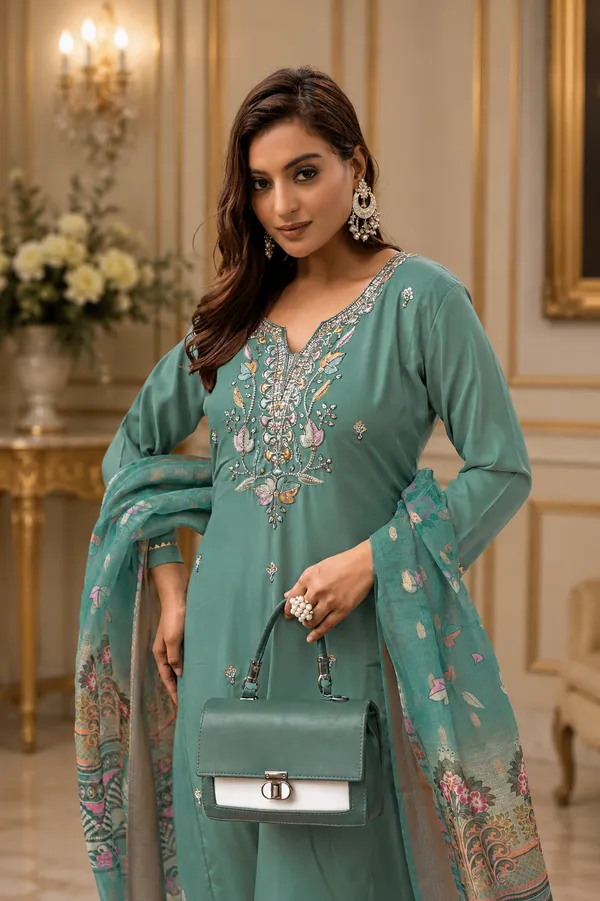 Teal_Roman_Straight_Embroidered_Kurta_With_Pant_And_Dupatta_For_Women