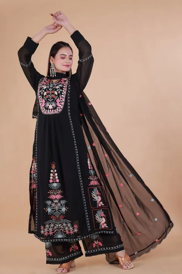 Black_Georgette_Anarkali_Embroidered_Kurta_With_Pant_And_Dupatta_For_Women