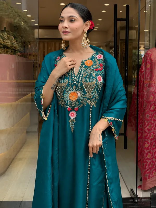 Teal_Roman_Silk_Straight_Embroidered_Kurta_With_Pant_And_Dupatta_For_Women