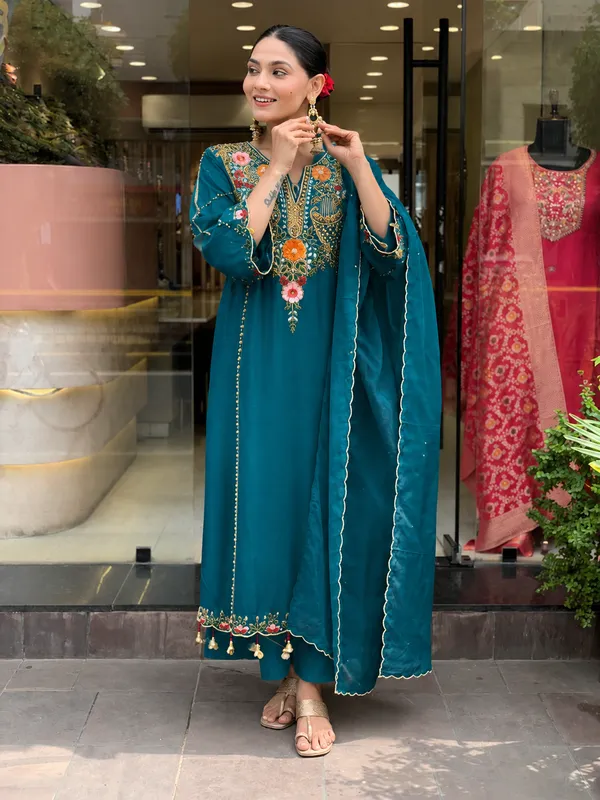 Teal_Roman_Silk_Straight_Embroidered_Kurta_With_Pant_And_Dupatta_For_Women