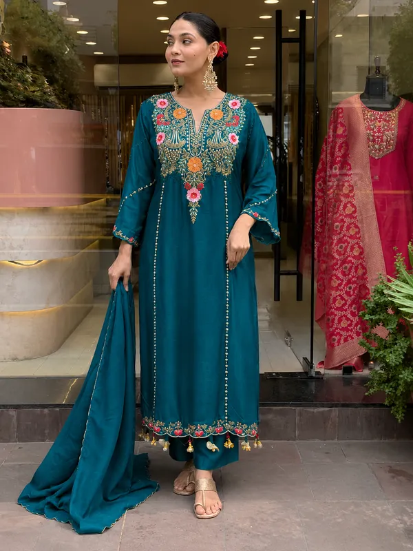 Teal_Roman_Silk_Straight_Embroidered_Kurta_With_Pant_And_Dupatta_For_Women