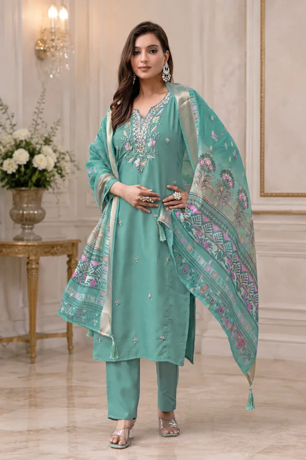 Teal_Roman_Straight_Embroidered_Kurta_With_Pant_And_Dupatta_For_Women