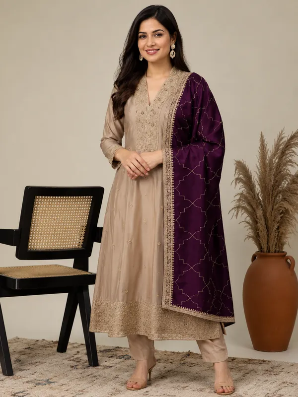 Beige_Vichitra_Straight_Kurta_With_Pant_And_Dupatta_Set_For_Women