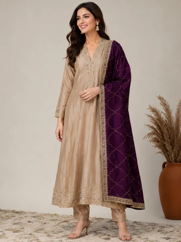 Beige_Vichitra_Straight_Kurta_With_Pant_And_Dupatta_Set_For_Women