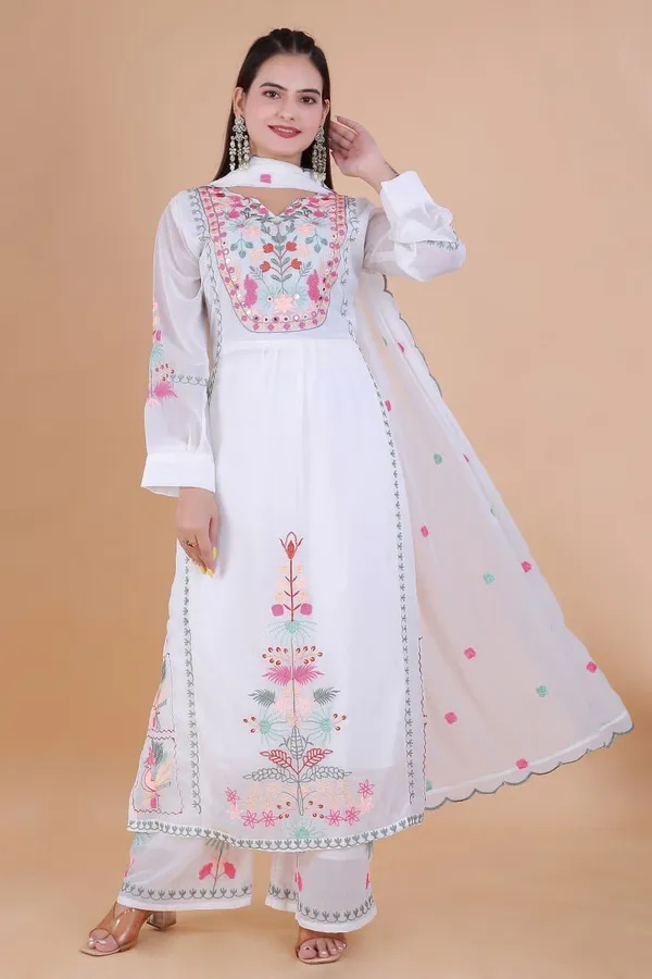 White_Georgette_Straight_Embroidered_Kurta_With_Pant_And_Dupatta_For_Women