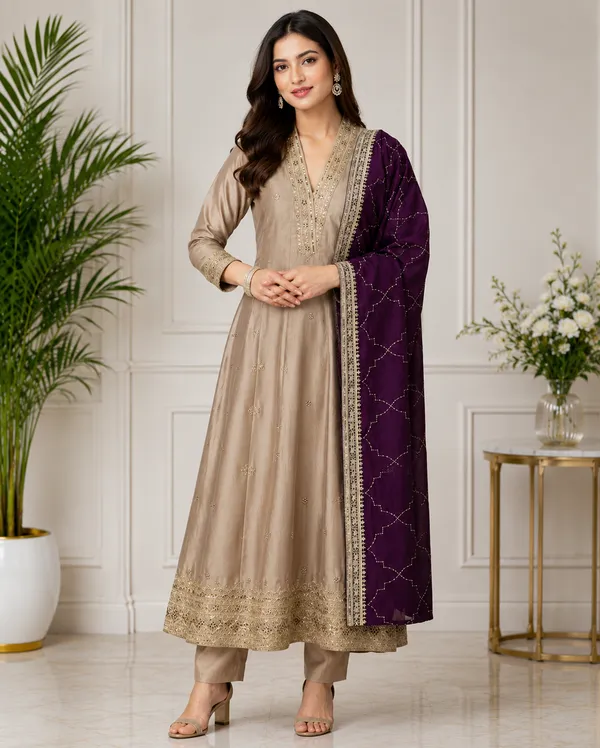 Beige_Vichitra_Straight_Kurta_With_Pant_And_Dupatta_Set_For_Women