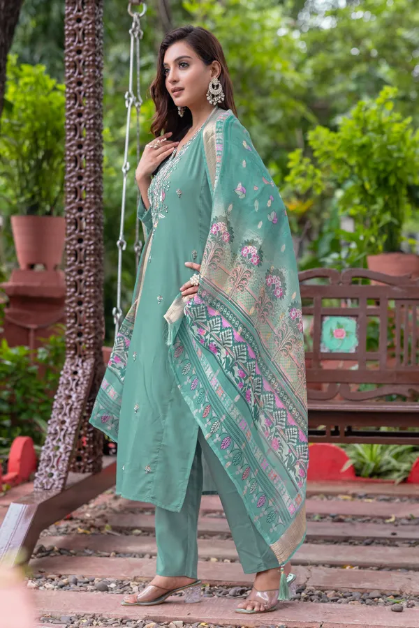 Teal_Roman_Straight_Embroidered_Kurta_With_Pant_And_Dupatta_For_Women