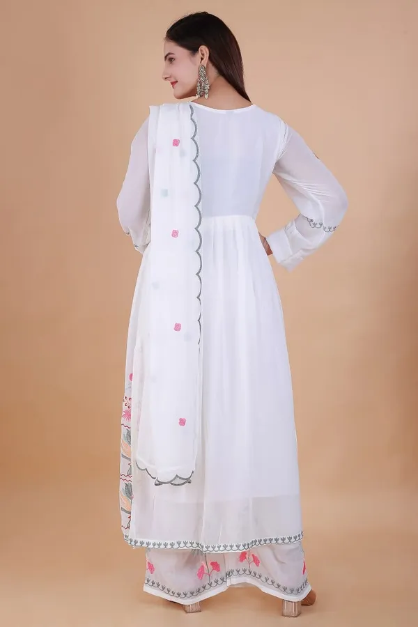 White_Georgette_Straight_Embroidered_Kurta_With_Pant_And_Dupatta_For_Women