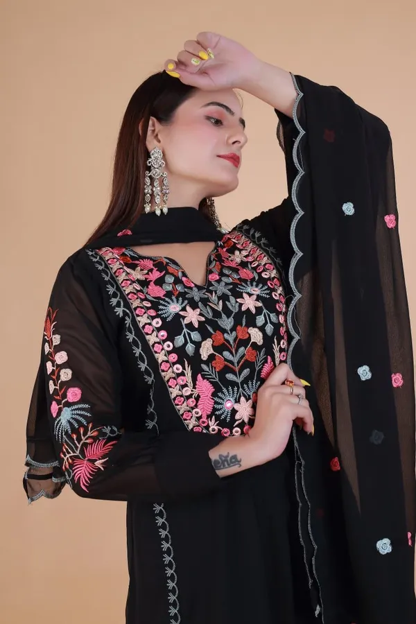 Black_Georgette_Anarkali_Embroidered_Kurta_With_Pant_And_Dupatta_For_Women