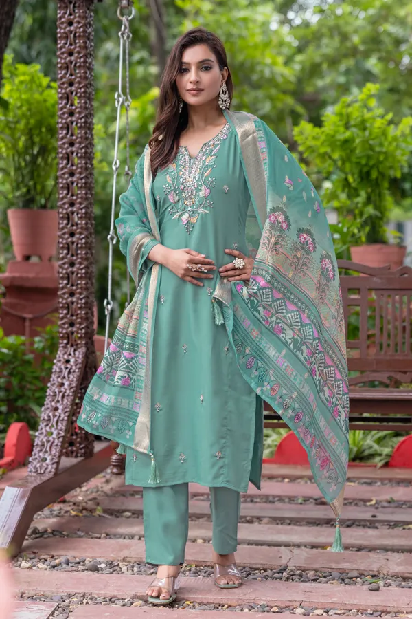 Teal_Roman_Straight_Embroidered_Kurta_With_Pant_And_Dupatta_For_Women