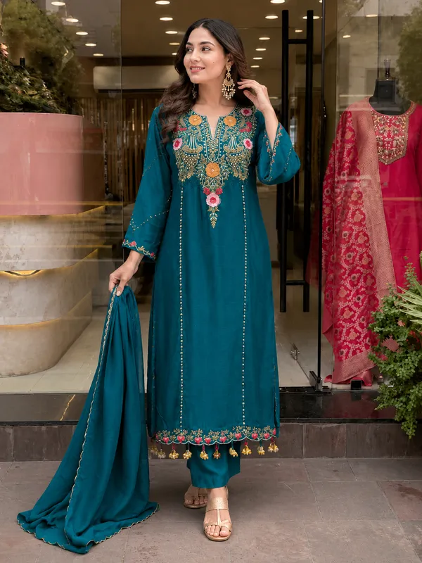 Teal_Roman_Silk_Straight_Embroidered_Kurta_With_Pant_And_Dupatta_For_Women