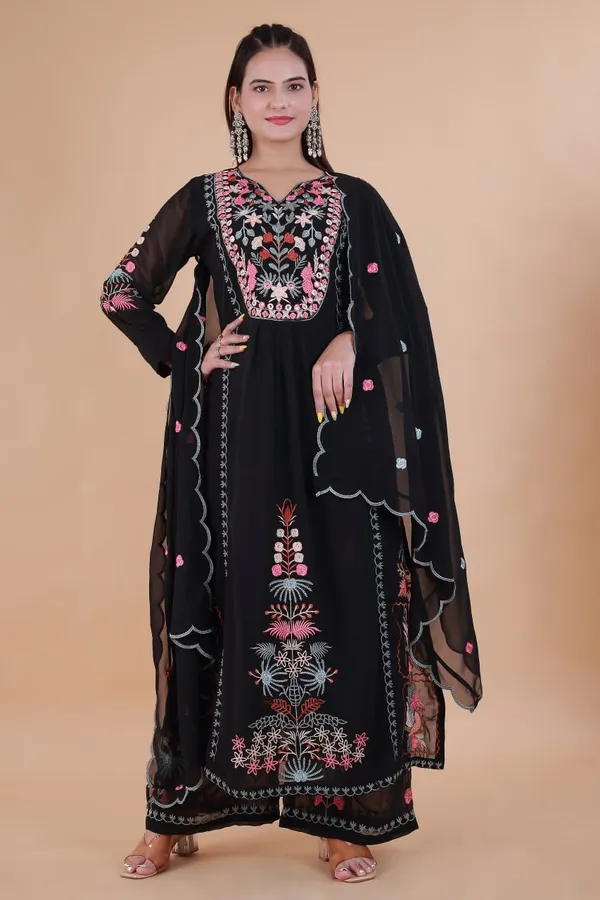 Black_Georgette_Anarkali_Embroidered_Kurta_With_Pant_And_Dupatta_For_Women