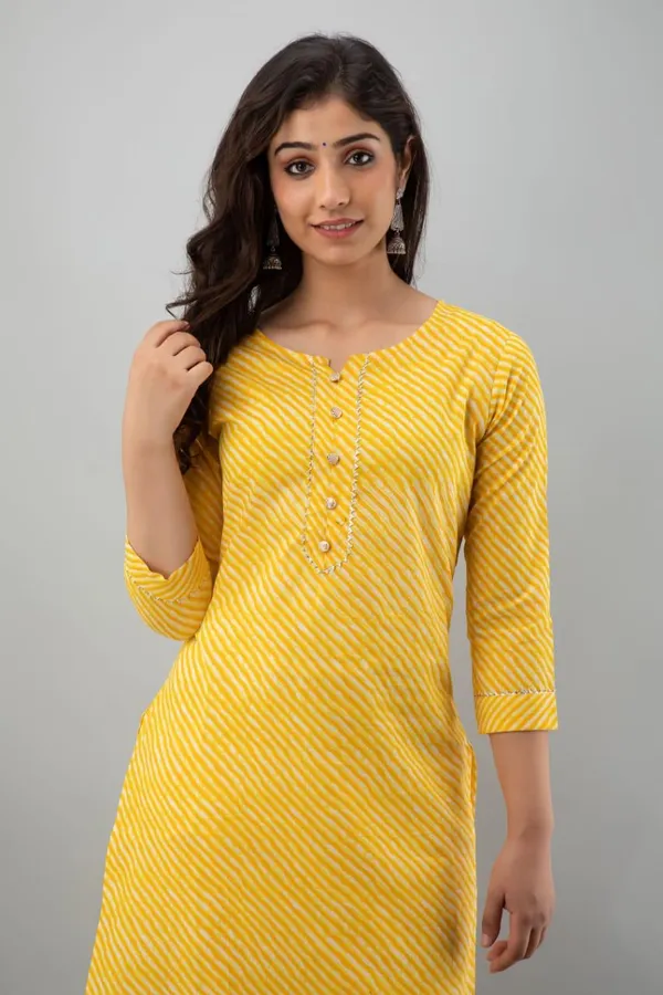 Yellow_Cotton_Leheriya_Regular_Kurti_For_Women